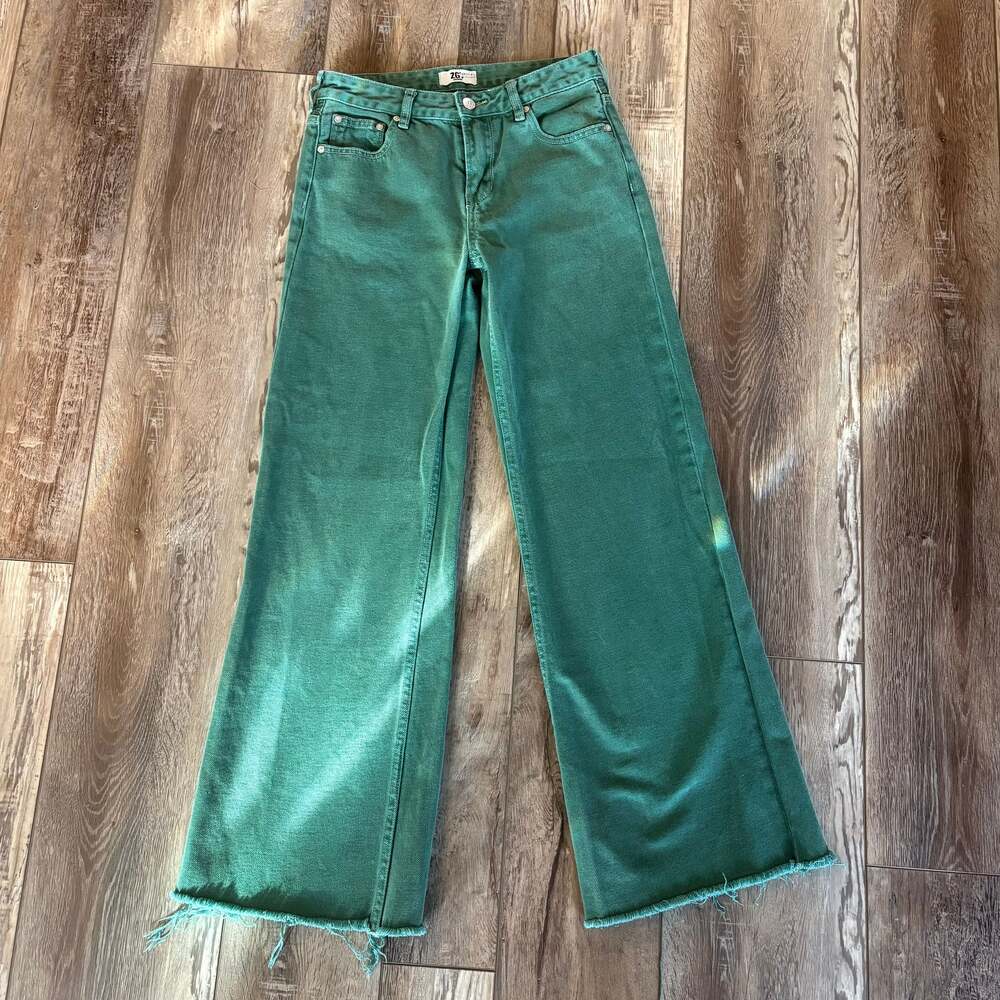 ZGY Zee Gee Why Sweeper Wide Leg Flare Jeans Green Raw Hem Size 26